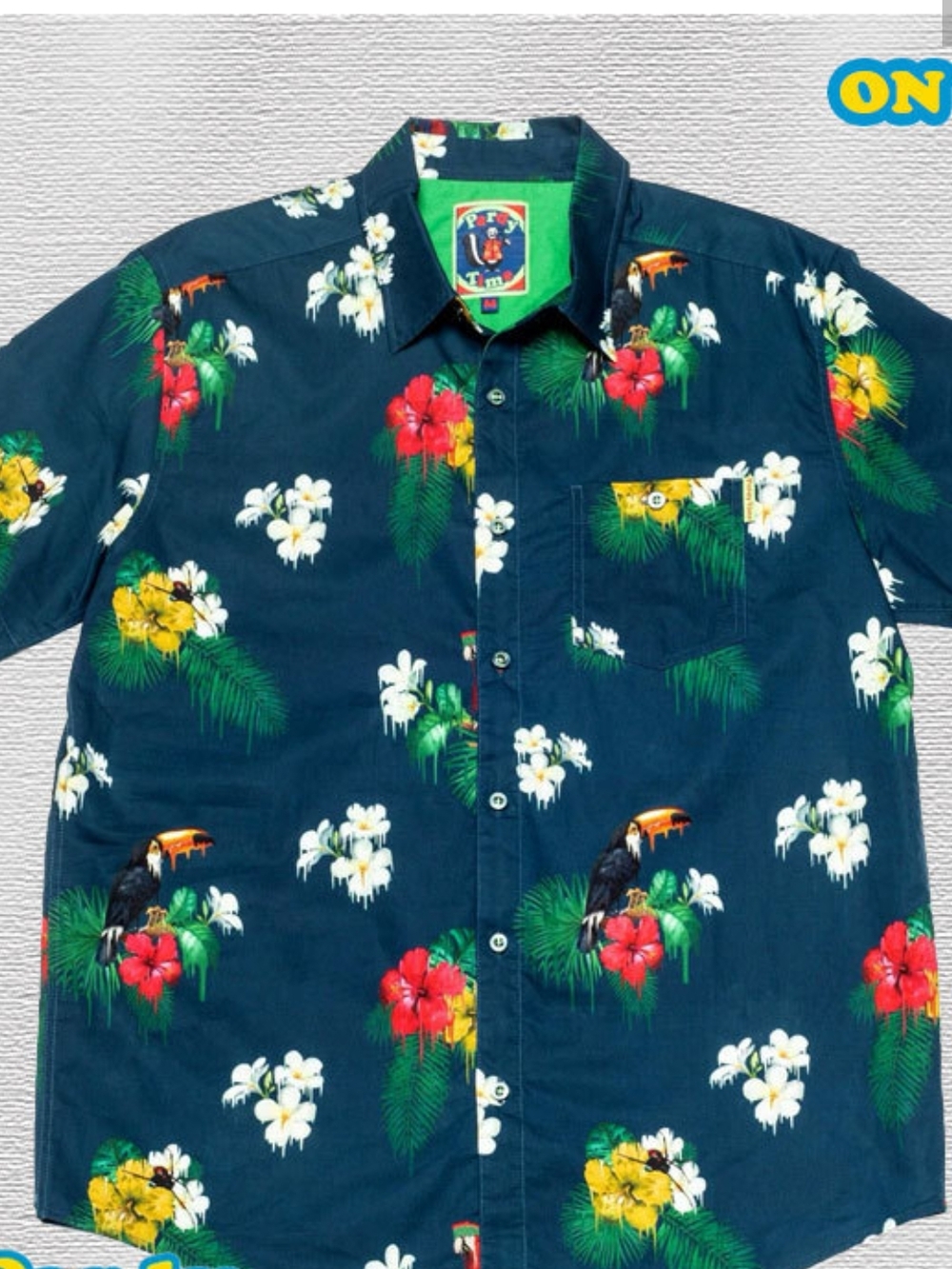 Pardy Time Navy Hawaiian Shirt with Toucan & Floral Print-NWT